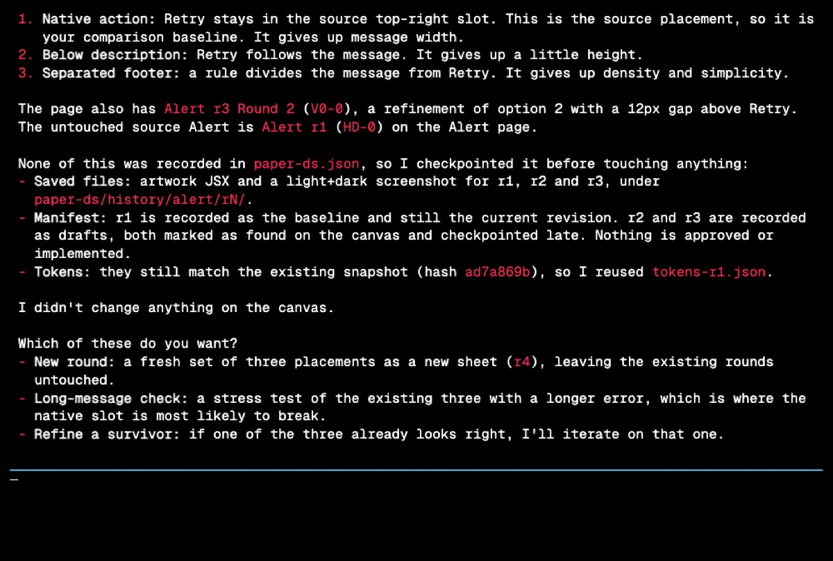 Terminal frame from the Alert recording: the agent's summary of three Retry placements, what each gives up, and a note that nothing is approved or implemented