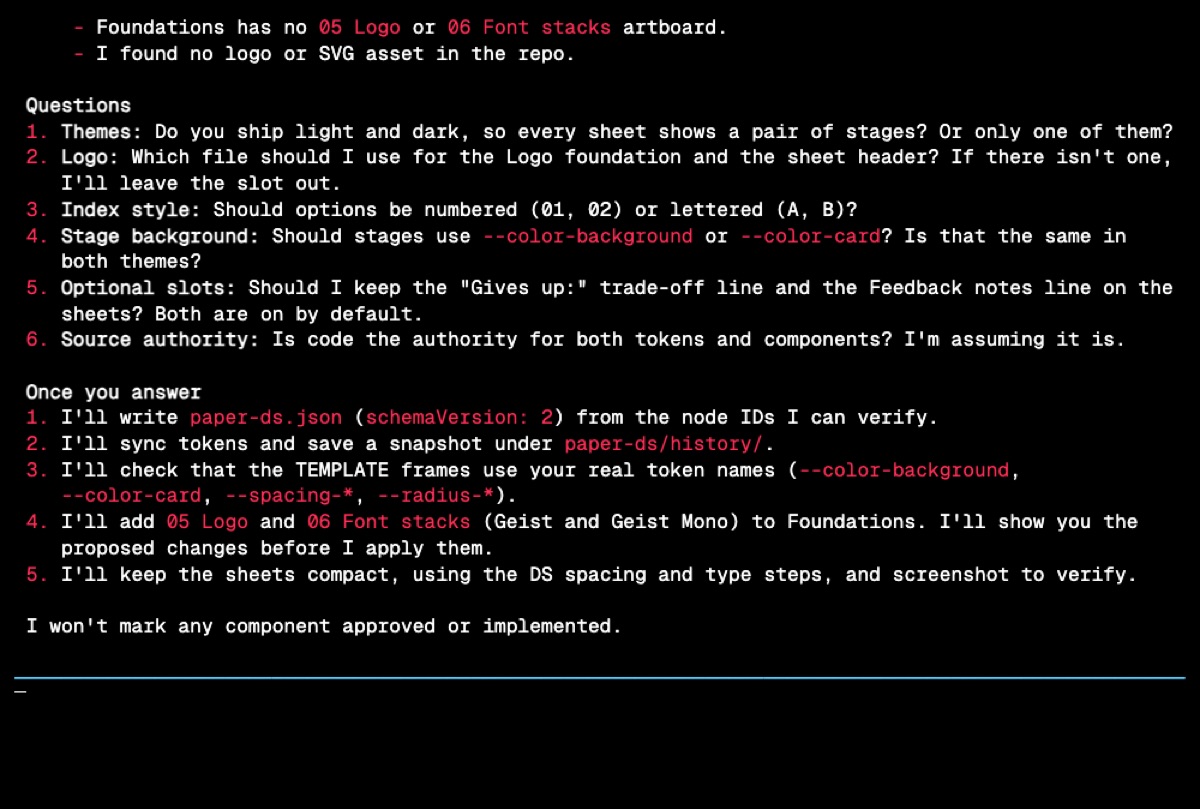 Terminal frame from the setup recording: the agent's grouped setup questions about themes, logo, option numbering, stage background, and optional slots